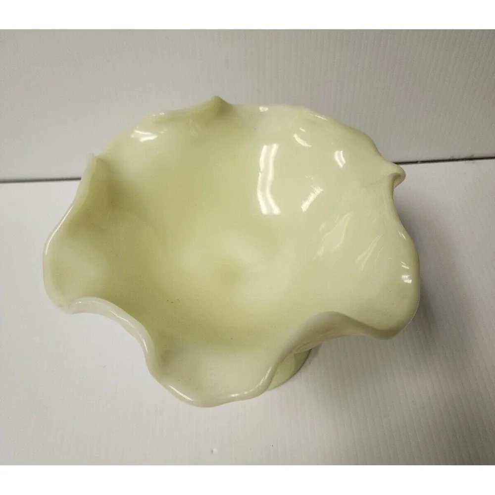 Vintage Fenton Yellow  Water Lilly Scalloped Edge Compote on Pedestal